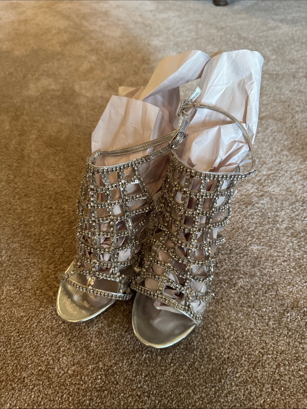 Celeste Silver Rhinestone Caged High-Heel Strap Sandals